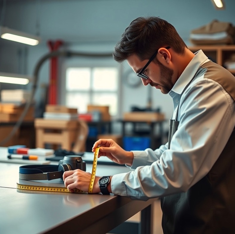 A team member checking an accessory's dimensions with a tape measure