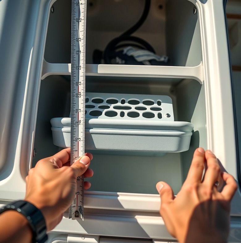 A storage accessory measured against a boat compartment
