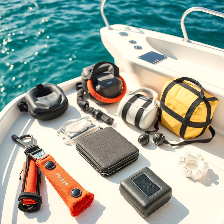 Boating accessories arranged on a boat deck beside azure water