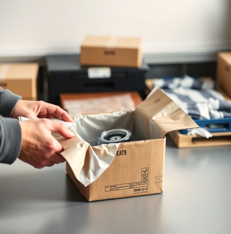 Hands placing a boating accessory into protective packaging